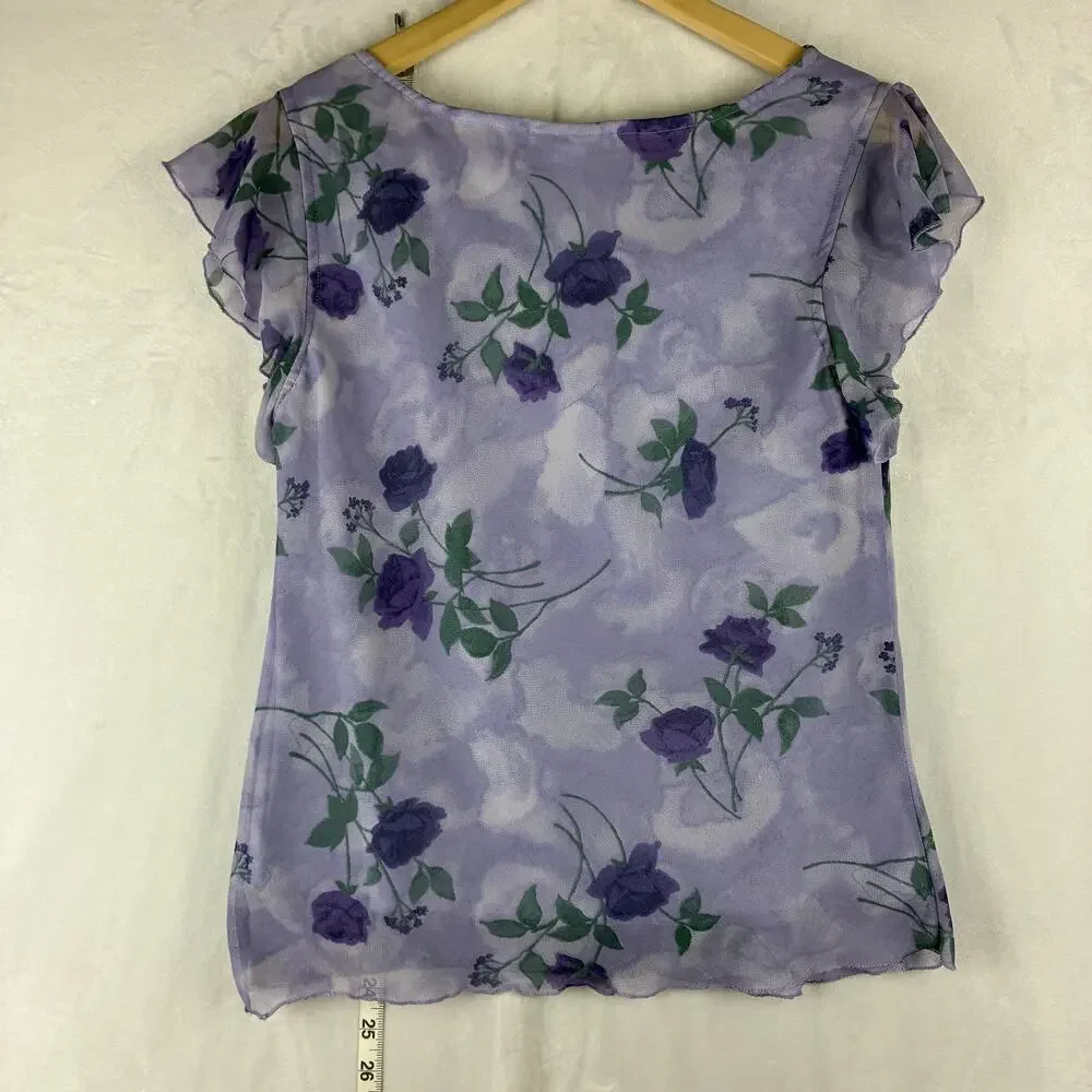 Vintage 2 Piece Cowl Flutter Blouse Midi Skirt Womens Large Purple Rose Romantic